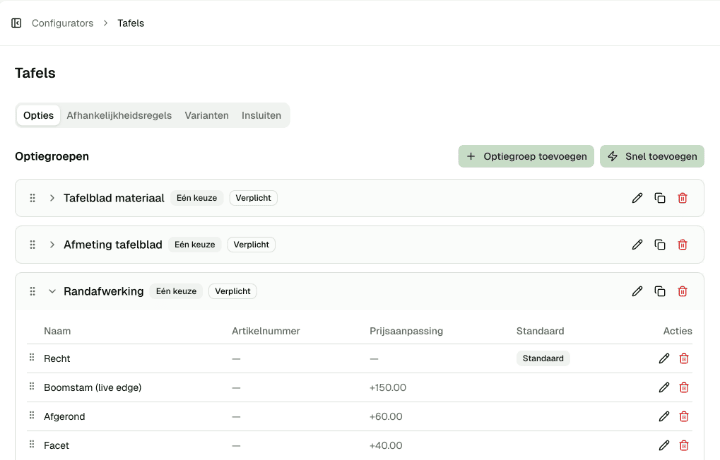 Haluso configurator builder interface met optiegroepen en drag and drop